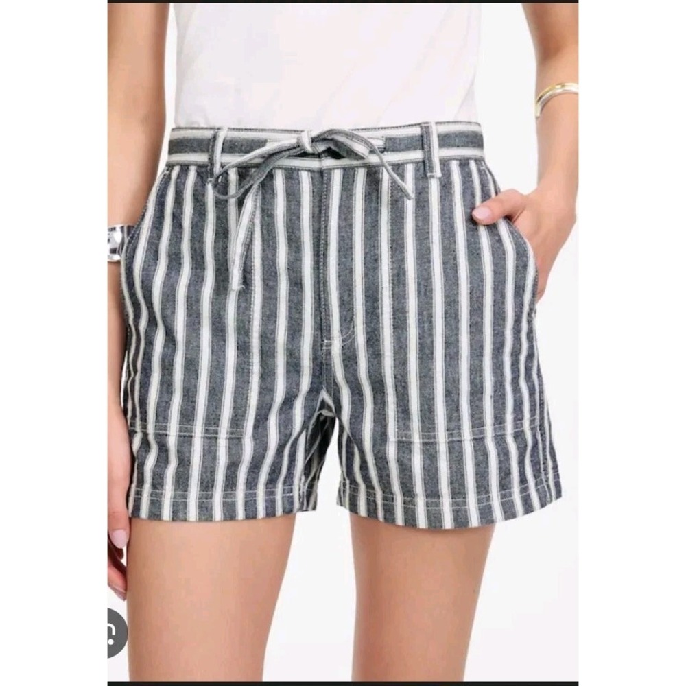 Madewell L Pull-On Shorts Striped White & Grey Tie Waist Pockets Relaxed Comfy